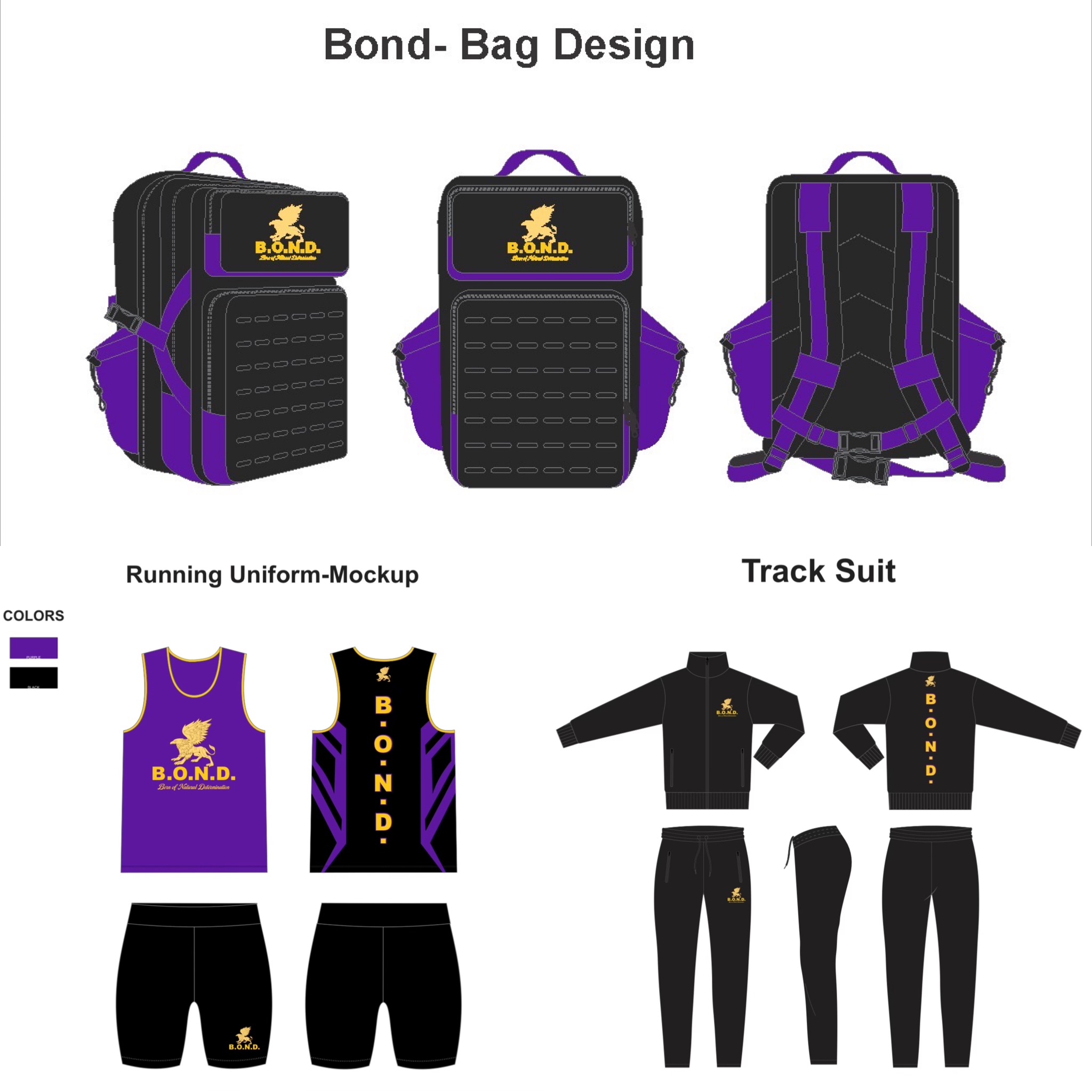 Bond- Bag Design, Running Uniform-Mockup, and Track Suit